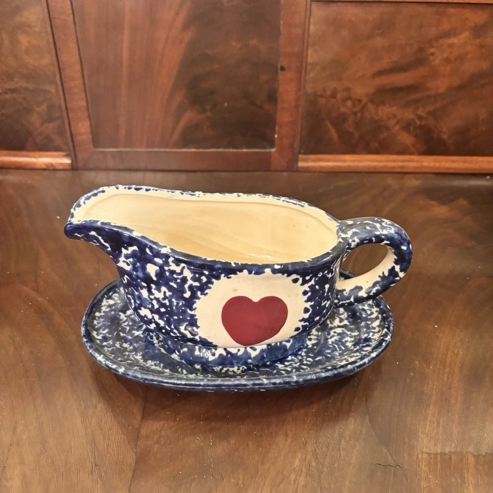 Blue Spongeware Heart Gravy Boat & Underplate Set Pottery Country Farmhouse